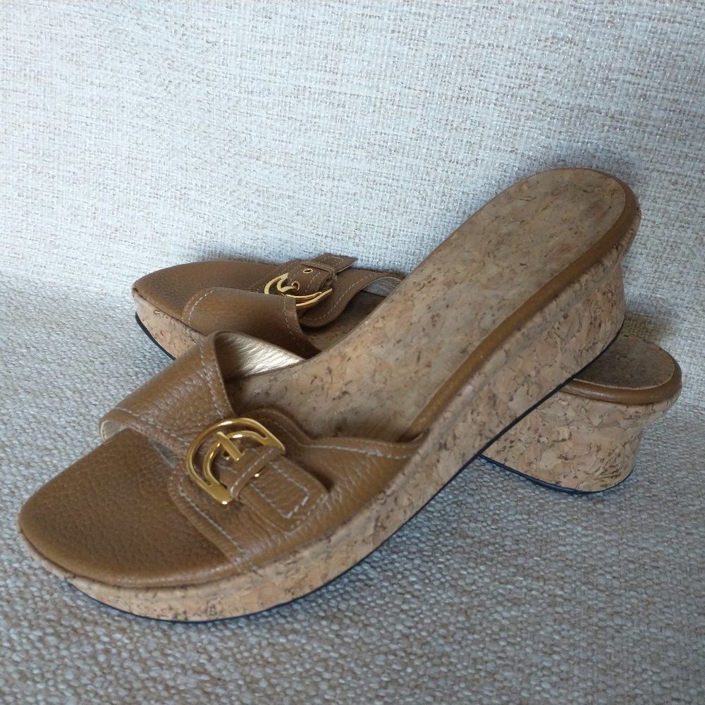 Stuart Weitzman Brown Leather Cork Wedges Sandals
